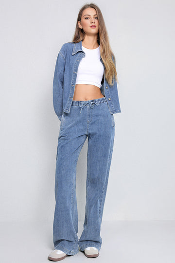 Casual Solid Color Long Sleeve Button Denim Jacket & Drawstring Waist Wide Leg Trousers Co-ord